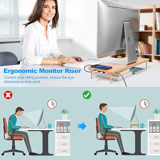 Wood Riser Monitor Stand with USB Ports Computer Stand w/Slot for Tablet & Cellphone Computer Riser w/Big Storage, Dual Monitor Riser for PC, Computer, Laptop, Printer