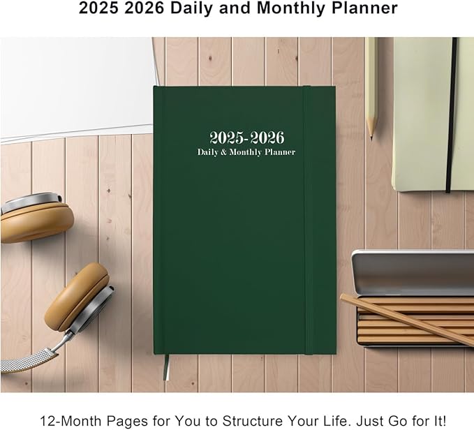 2025-2026 Daily & Monthly Planner - 2025 2026 Academic Year Planner One Page Per Day from July 2025 to June 2026, Hourly Appointment Book Perfect Organizer Daily Life, Fabric Cover, 5.8'' x 8.3'', Green