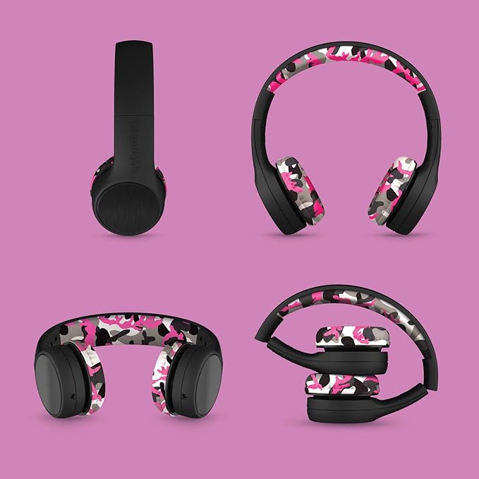 LilGadgets Connect+ Style On-Ear Kids Headphones with Microphone - SharePort Technology, SoftTouch Padding, Detachable Cable, Noise Reduction, Durable & Adjustable - Pink Camo - Wired Headphones