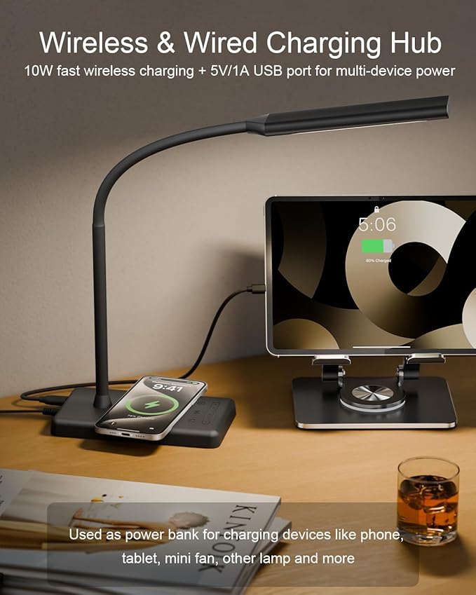 Adjustable LED Desk Lamp with Wireless Charging & Touch Control | 5 Colors & 6 Brightness Levels Eye-Caring Office Light with Memory & Timer