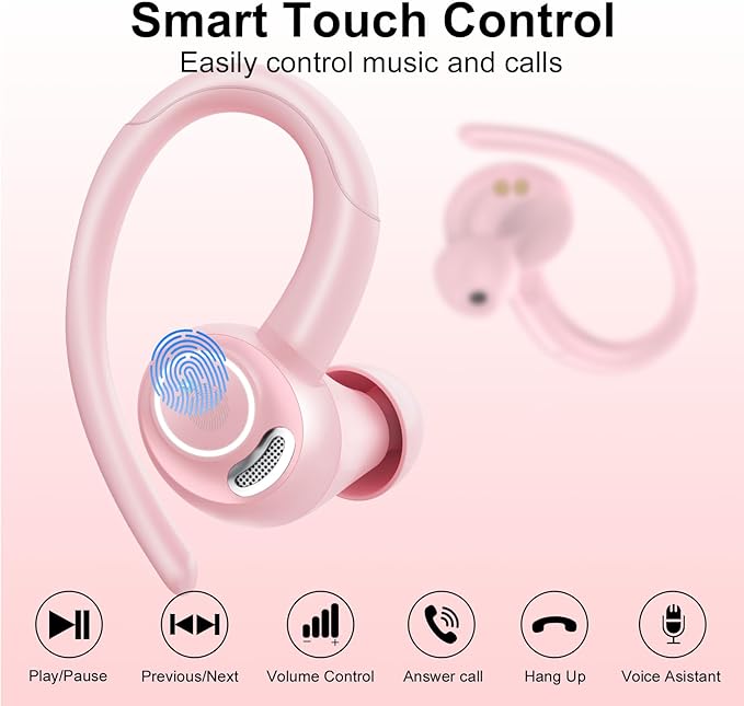 Wireless Earbuds Bluetooth 5.3 Headphones Sports, 48Hrs Playtime Bluetooth Earbuds with CVC 8.0 Mic, 2025 Stereo Bass Over Ear Bud with Earhooks, LED Display, IP7 Waterproof Earphon for Running Rose