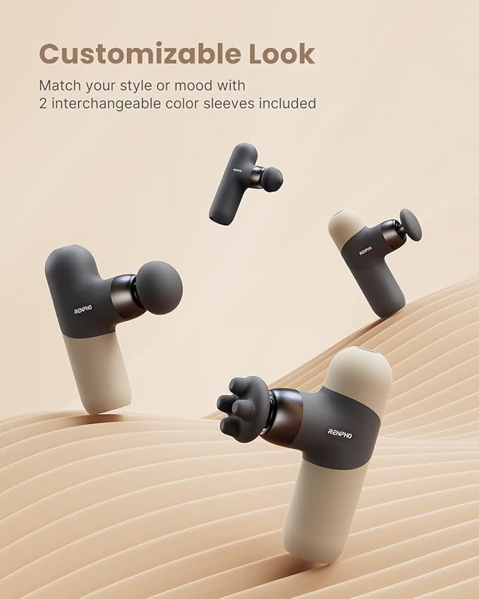 RENPHO Mini Thermal Massage Gun with Heat, Portable Deep Tissue Percussion Massager, Color Silicone Sleeves Travel Size with Carry Case, Grey