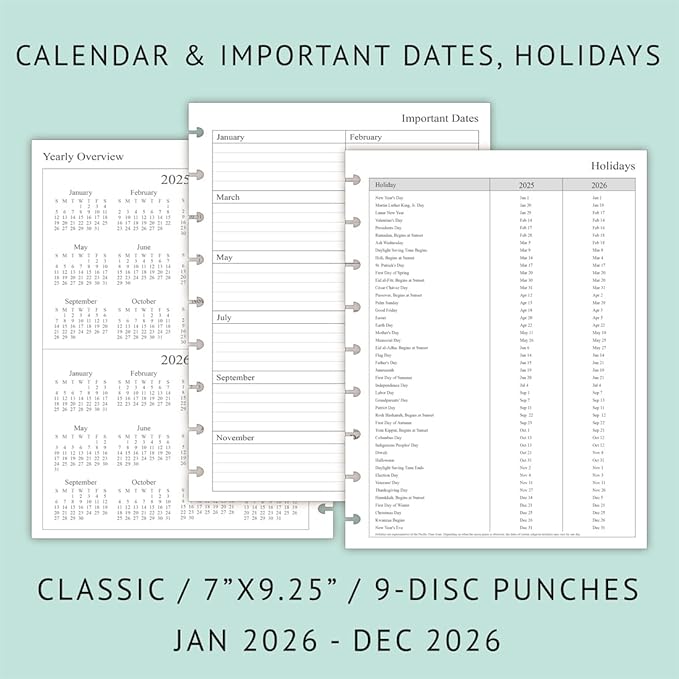 2026 Weekly Planner Refills for Happy Planner Classic Notebook - 9 Discs Punched, Two Pages Per Week, Jan 2026 to Dec 2026, 7" x 9-1/4"