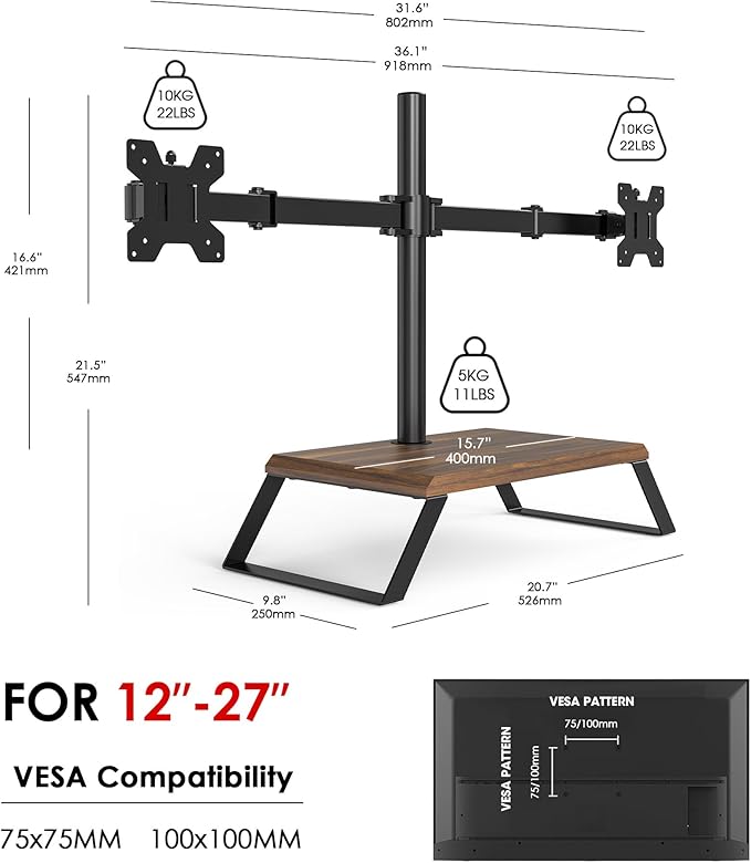 Dual Monitor Stand Riser for 12-27 Inch Computer Screens, Freestanding Double Monitor Stand for Desk, Adjustable Dual Monitor Mount Each Arm Hold up to 22lbs, VESA 75x75/100x100mm
