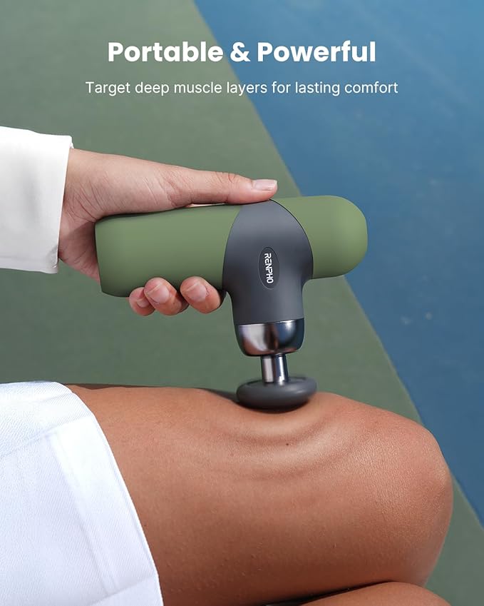RENPHO Mini Thermal Massage Gun with Heat, Portable Deep Tissue Percussion Massager, Color Silicone Sleeves Travel Size with Carry Case, Olive Drab