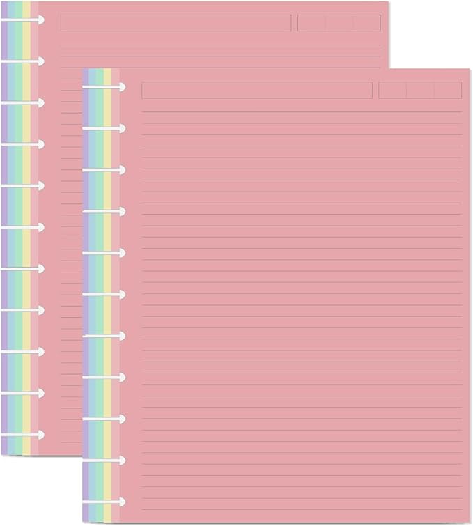 (2-Pack) Letter Size Discbound Lined Refill Paper, 11 Disc Discbound, 5 Colors(40 Sheets/Color), Total 200Sheets / 400Pages, 110gsm Thicker Paper, 8.5'' x 11''