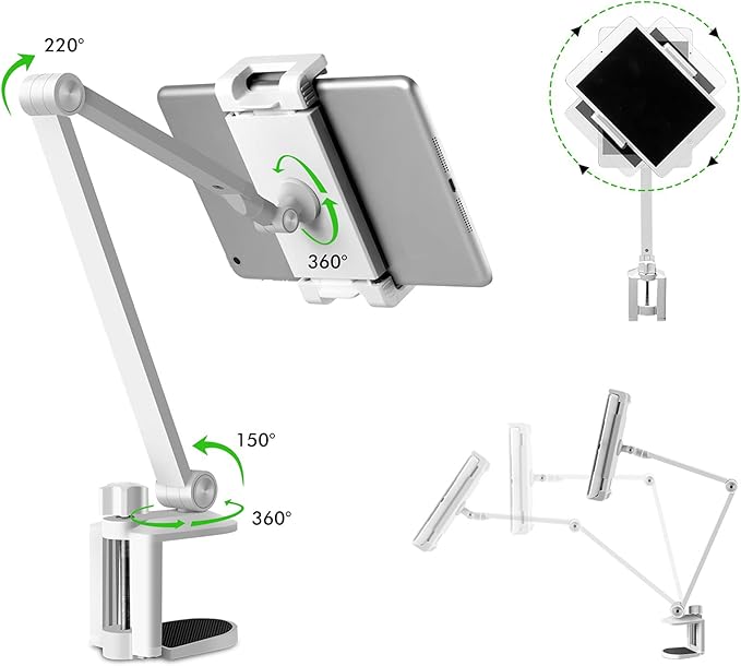 Viozon Tablet Stand Holder Mount, Rotate 360 Degrees of Flexible, Height and Angle Adjustable, High-Grade Aluminium Alloy Long Arm Compatible with 4.5-13 Mobile Phone and Tablet, iPhone, iPad(White)