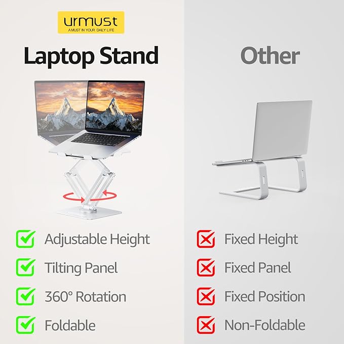 Urmust Height Adjustable Laptop Stand for Desk with 360°Rotating Base, Foldable & Portable Laptop Riser, Computer Accessories for Collaborative Work, Compatible with MacBook Pro, All Laptops 10-17"