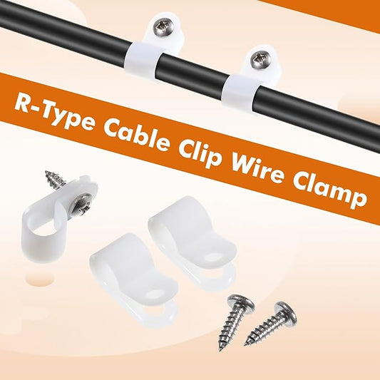 Hicarer 50 Pack R-Type Cable Clip Wire Clamp, Nylon Screw Mounting Cord Fastener Clips with 50 Pack Screws for Wire Management (White,3/8inch)