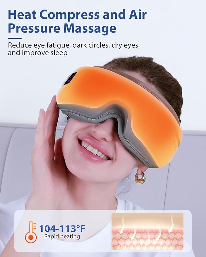 Eye Massager with Heat & Bluetooth Music, Birthday Gifts for Dad Mom Men Women, Heated Eye Mask for Migraines Relief, Reduce Strain, Headache Relief and Improve Sleep, Eye Care Device