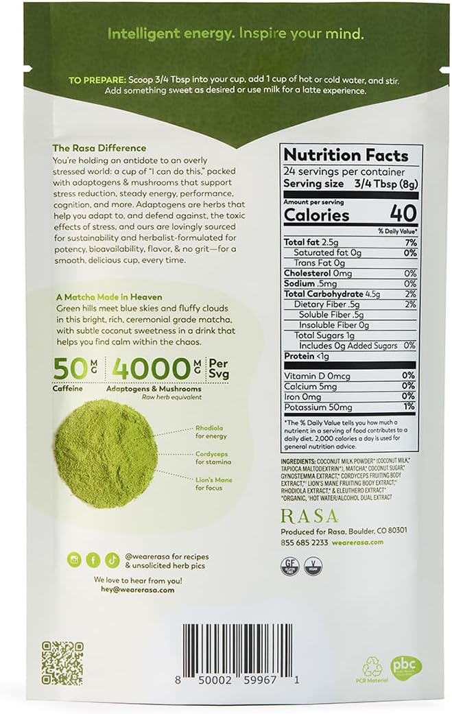 Rasa Matcha – Adaptogenic Mushroom-Boosted Matcha | Vegan, Keto, Ayurveda Wellness Tonic with Lion's Mane + Rhodiola (6 oz / 24 Servings)