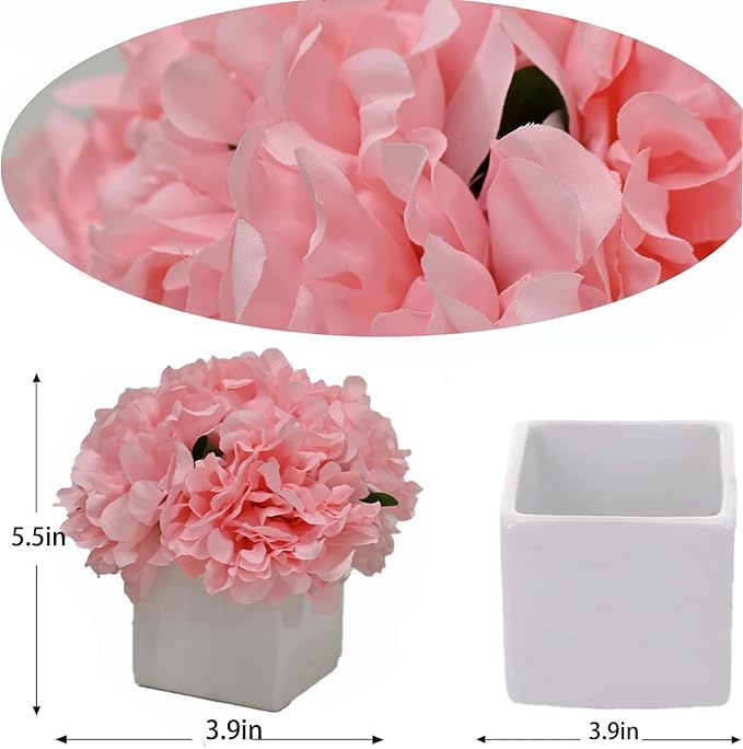 LADADA Artificial Flowers in Square White Ceramic Vase, Fake Peony Bouquet, Artificial Flower Arrangement for Home Decoration (Pink)
