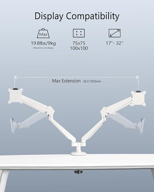 Dual Monitor Mount for 2 Screens up to 32 Inch and 19.8 lbs, Fully Adjustable Gas Spring Monitor Arm Desk Mount, Vesa Monitor Mount with C Clamp, Grommet Base, Aluminum, White