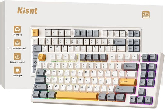 Wireless Mechanical Keyboard,Gasket Mounted with Creamy Sound,Bluetooth/2.4GHz/USB-C,Custom Hot Swappable,RGB Backlit,75% Compact Layout for Gaming/Typing/Win/Mac/PC (Retro Beige,Linear Switch)