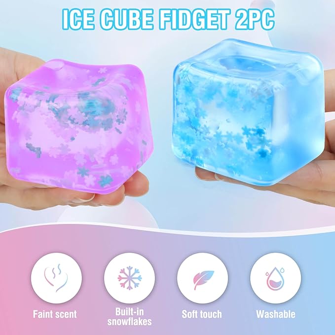 Fidget Toy for All Ages: 2 Pack Soft Sensory Fidget Ice Cube Stress Ball Squishy Cube Stress Relief Toys for Kids, Teens and Adults Party Favors, Birthday Gift for Kids Age 3+, Blue Purple