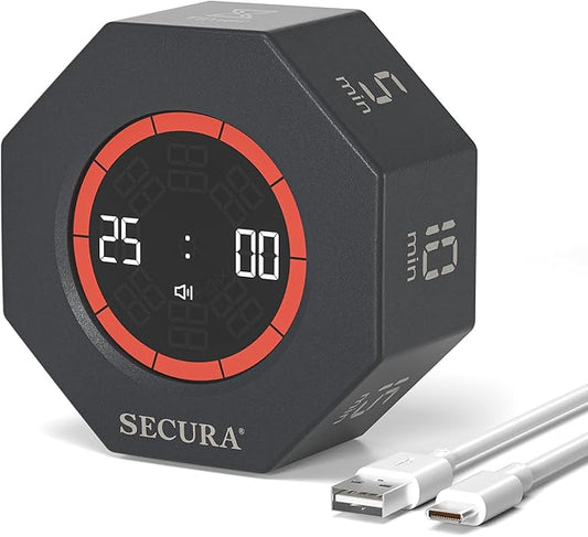 Secura Pomodoro Timer, Rotating Cube Time Tracker, Flip Gravity Sensor with 7 Presets, Visual Progress Bar for ADHD, Kids, Tasks, Work, Study (Dark Gray)