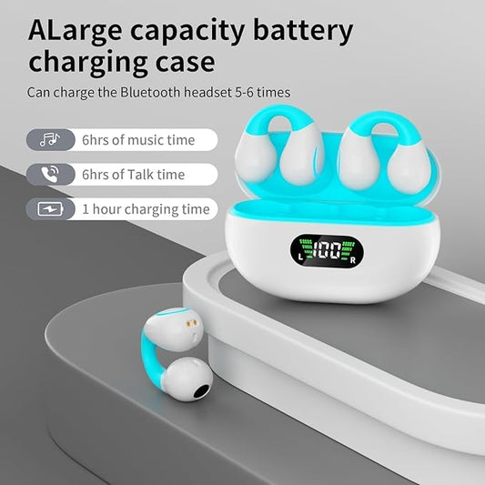 Clip On Earbuds, Bluetooth 5.3 Lightweight Comfort Bone Conduction Open Ear Headphones with LED Digital Display Charging Case Sport Built-in Mic IPX7 Waterproof for Running Fitness Android, Light Blue