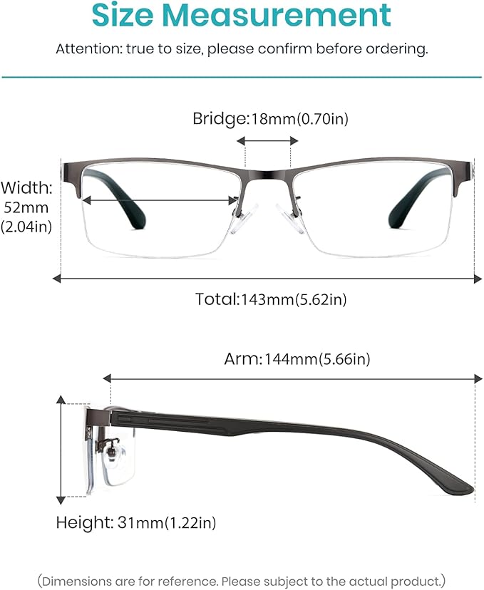 Cyxus Blue Light Glasses for Men Semi Rim Crystal Lens Rimless Glasses UV Blocking Gaming Eyeglasses