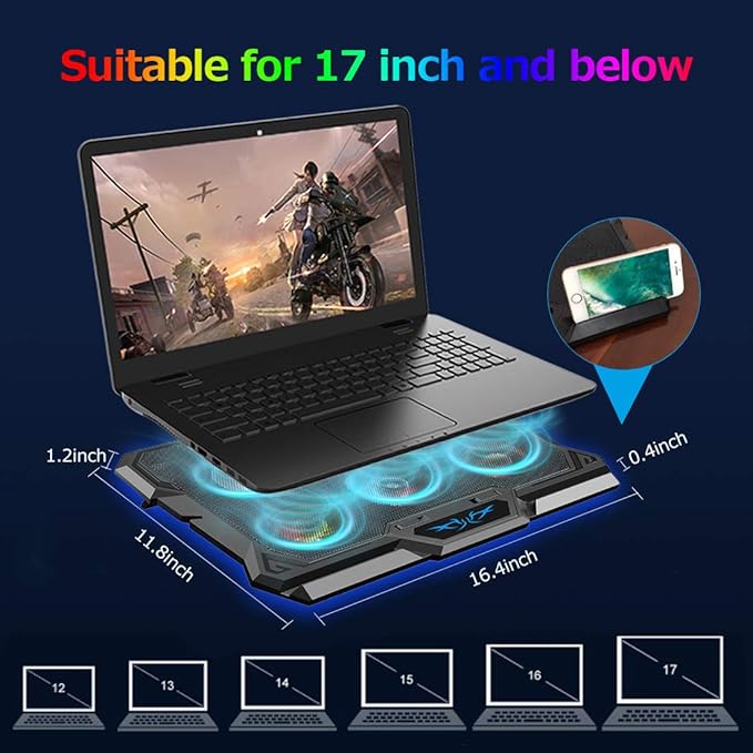 Laptop Cooling Pad, Laptop Cooler with 6 Quiet Fans RGB 7 Color Light for 15.6-17 Inch Laptop Cooling Fan Stand, Portable Slim USB Powered Gaming Laptop Cooling Pad, Switch Control Fan Speed(Black)
