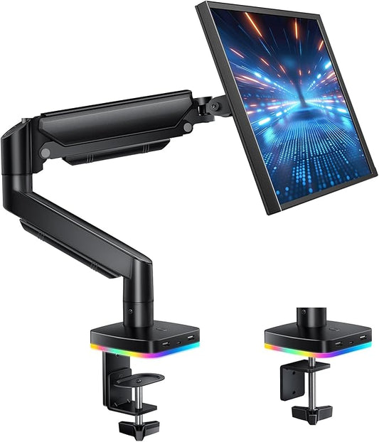 RGB Single Monitor Arm Desk Stand Gas Spring Computer Adjustable Monitor Mount for 13-32 inch Screens with RGB USB & USB-C High Speed Data Transfer C Clamp & Grommet Bases 75x75/100x100 VESA