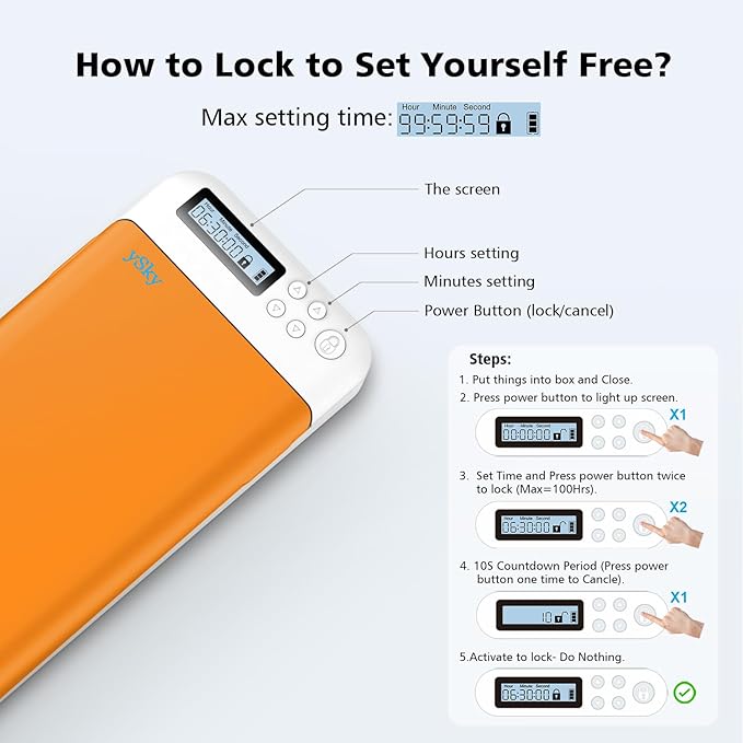 ySky Phone Lock Box with Timer for iPhone and 6.7inch Android Phones, Portable Self-Control Timed Phone Locker to Help Kids,Students,Adults Focus Back,Phone Jail to Prevent Phone Addiction(Orange)