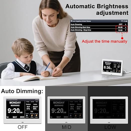 2025 New Digital Clock with Temperature/Humidity & Weather Forecast, Auto Time Sync Large Display, Custom Alarms & Medication Reminders, Ideal for Elderly(White, 7-Inch)