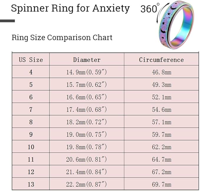 OreilleStar Anxiety Ring for Women Spinner Ring Fidget Stainless Steel Ring Fidget Toys Adults Spinner Rings Fidget Rings Fidget Ring Men Moon Star Rainbow Size 10