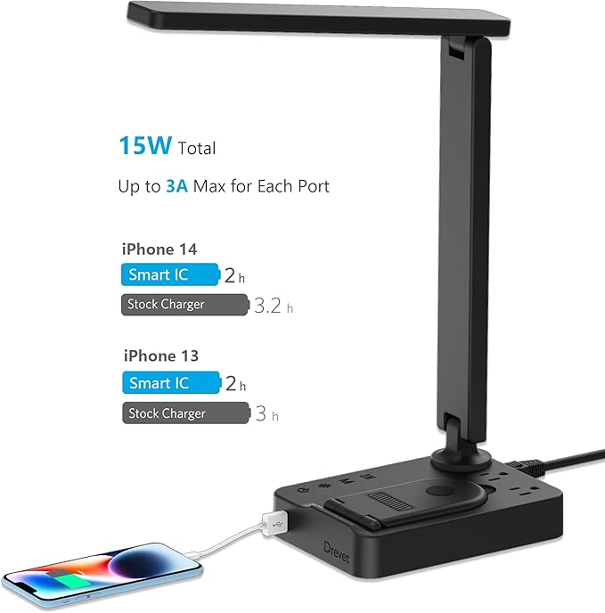 Drevet LED Desk Lamp with Wireless Charger, Desk Table Light with USB Charging Port and 2 Outlets, 3 Lighting Modes, 3 Level Brightness, 1H Timer, Touch Control, Eye-Caring Home Office Foldable Lamp