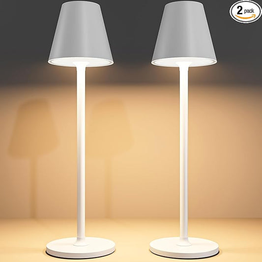 2 Pack LED CordlessTable Lamp,4000mAh Rechargeable Battery Desk lamp,3 Level Brightness Portable Light, Minimalist Design, for Couple Dinner/Coffee Table/Restaurant/Bedroom(White 2pack)