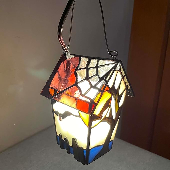 Bieye L10938 Spooky Graveyard Tiffany Style Stained Glass Birdhouse Table Lamp for Halloween Decor (21-inch High, Bat Nest)