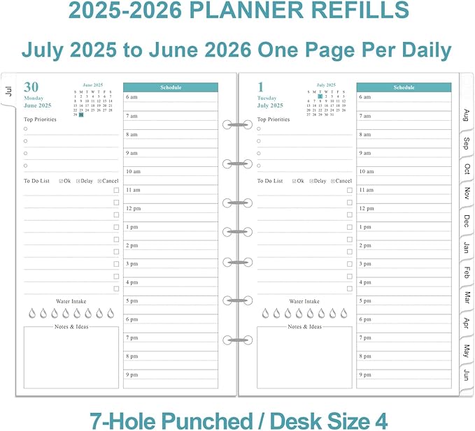 2025-2026 Planner Refills - One Page Per Day Daily & Monthly Planner, July 2025-June 2026, Prioritized, To-Do List, Notes, Appointment Schedule, 7-Hole Punched, Desk Size 4, 5.8" x 8.3"