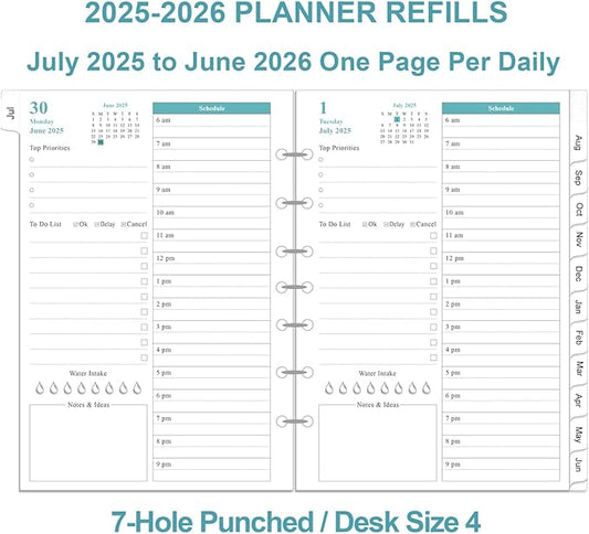 2025-2026 Planner Refills - One Page Per Day Daily & Monthly Planner, July 2025-June 2026, Prioritized, To-Do List, Notes, Appointment Schedule, 7-Hole Punched, Desk Size 4, 5.8" x 8.3"