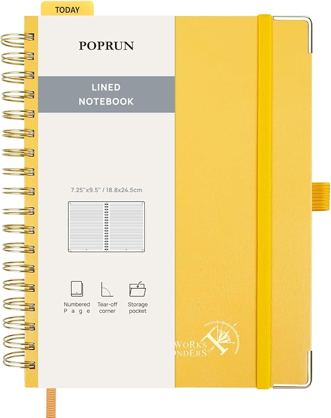 POPRUN Lined Spiral Journal Notebook for Women & Men, 7-1/4" x 9-1/2", 220 Numbered Pages, College Ruled Hardcover Notebook for Work, Journals for Writing, 120 GSM Thick Paper - Light Yellow