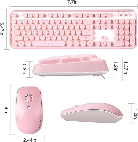 Pink Wireless Keyboard Mouse Combo,104 Round Keys Cute Colorful Keyboard Retro Typewriter Style,Letton Full Size Keyboard with Number Pad&Mouse with 3 DPI for PC Mac Laptop Computer Windows