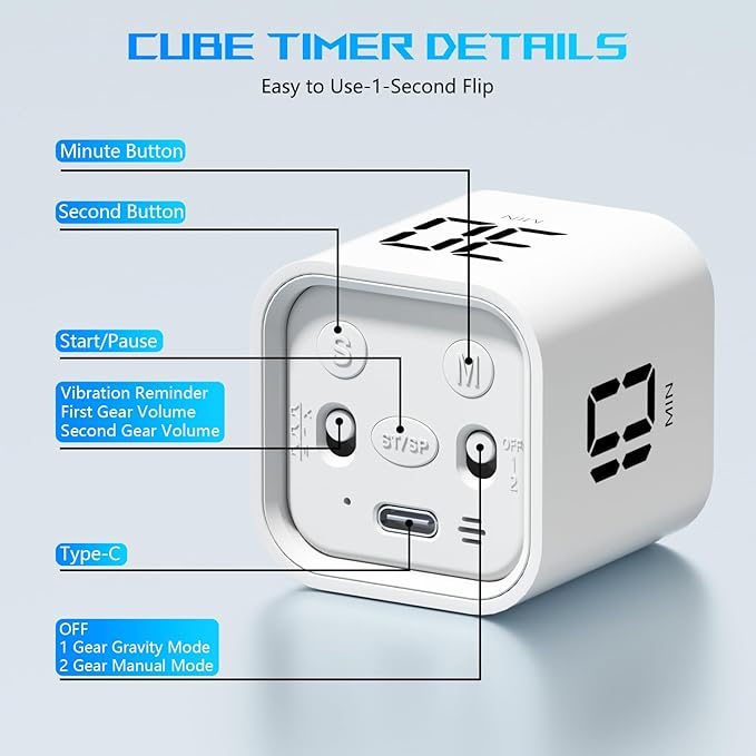 Cube Pomodoro Timer, Smart Productivity Timer 5/10/30/60 Minutes & Custom Countdown, Pause & Resume, Adjustable & Silent Visual Timer, Portable Rotation Multi Desk Timer for Study Task Work Kitchen