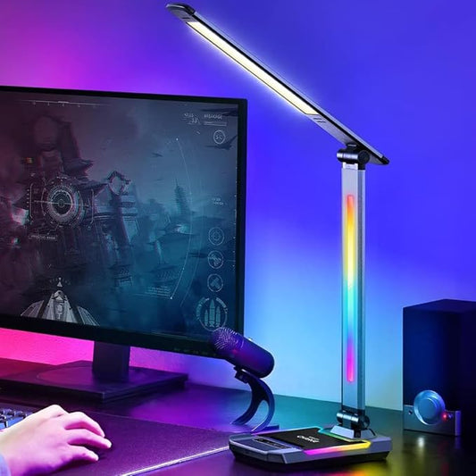 WILIT Gaming Desk Lamp,Music Sync Color Changing Rhythm Light with Wireless Charger and USB Charging Port, LED RGB Ambient Light, Aluminum Alloy Body Touch Table Lamp for PC, Room Decoration(Black)