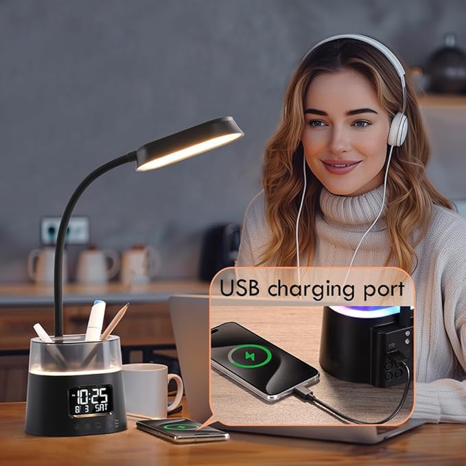 WILIT LED Kids Desk Lamp, Dimmable Study Lamp for Home Office Desk Accessories, with Pen Holder & Clock, USB Charging, RGB Night Light, Bedroom & College Dorm Room Essentials for Girls - Black
