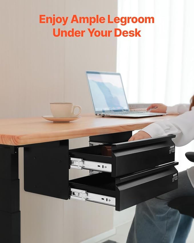 VEVOR Under Desk 2 Layer Slide Out Drawer, 16 inch Under Desk Pull-out Drawer for Home Office Sit Stand Workstation, Black