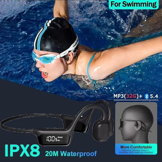 Waterproof Headphones for Swimming IP68 Waterproof • LCD Screen • Built-in 32G • Bluetooth 5.4 Earphone • Open Ear Headset Bone Conduction for Running, Cycling, Driving