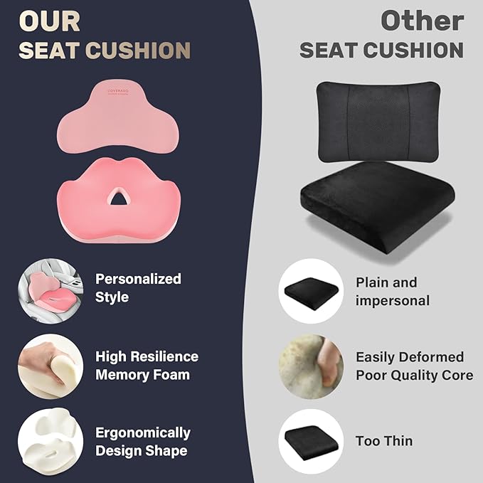 Coverado Seat Cushion and Lumbar Support Pillow for Car Office Chair, Ergonomic Memory Foam Desk Chair Cushion Back Support Pillow, Sciatica & Back & Tailbone Pain Relief Cushion-Pink