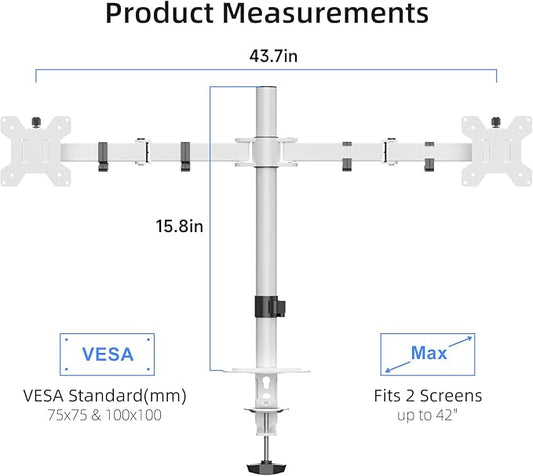 Suptek Dual Monitor Desk Mount, Adjustable Dual Monitor Arm for 2 Monitor Screens up to 42 inch, Extra Tall 15.75" Pole Monitor Stand for Desk, Holds up to 22 lbs,White(MD9442LW)