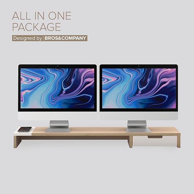 POUT E9 Dual Monitor Stand with Drawer - Wireless Charger and USB Hub (Deep Black)