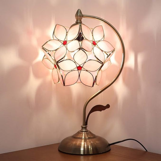 Bieye L10832 Tiffany Style Stained Glass Flower Petal Table Lamp with Brass Base for Home Décor (Pink, 8" Apple Blossom)