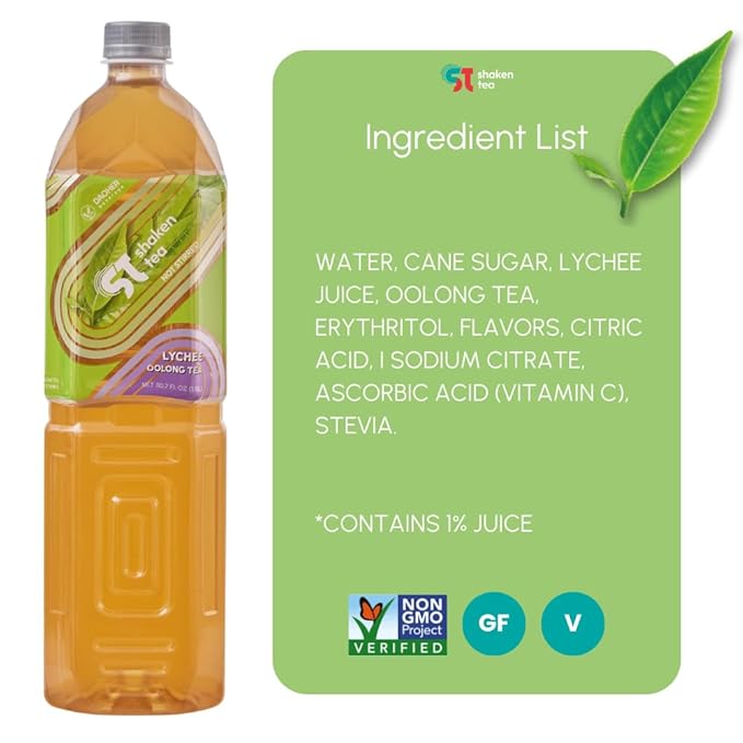 (Pack of 1) Shaken Tea - Lychee Oolong Tea || Asian Flavor Premium Iced Tea || Non-GMO || Real Leaf Tea, 50.7 Oz Per Bottle