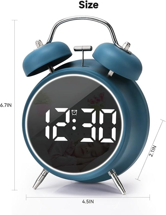 JUSTUP Digital Small Alarm Clock, 4.5 Inch Double Bell Electronic LED Alarm Clock, Plug in or Battery Operated Silent Metal Table Clock, Bedside Loud Bell Clock for Heavy Sleepers Adults Kids (Blue)