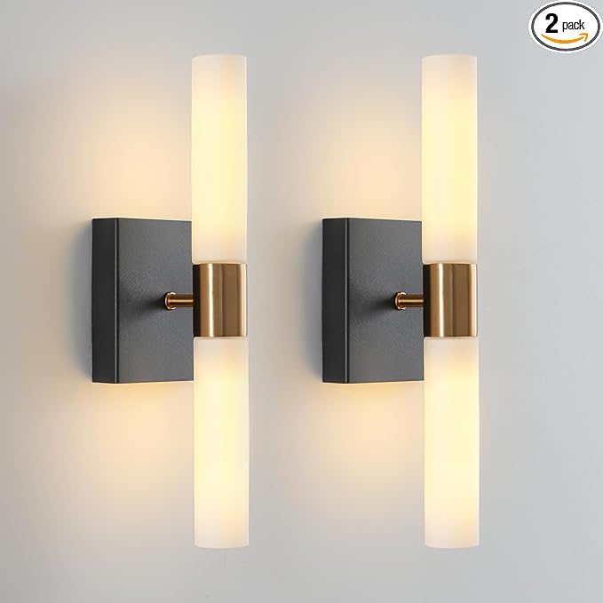 Wall Sconces Set of Two Black and Brass Gold Wall Lights with White Frosted Glass Shade Modern Wall Lamp for Bathroom Living Room Indoor Vanity Up and Down Sconces Wall Lighting for Hallway