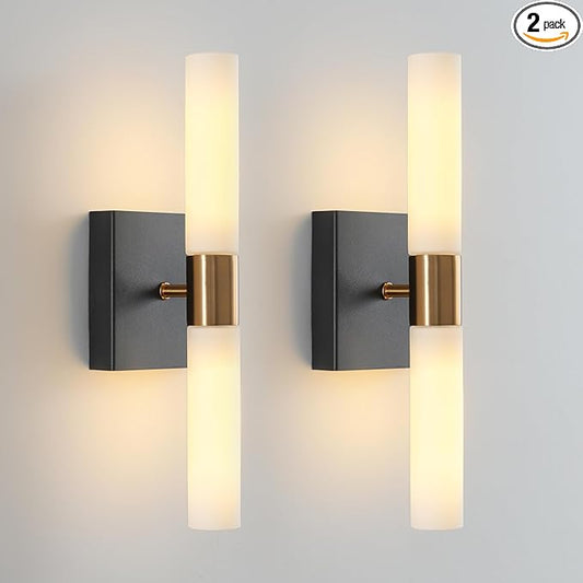 Wall Sconces Set of Two Black and Brass Gold Wall Lights with White Frosted Glass Shade Modern Wall Lamp for Bathroom Living Room Indoor Vanity Up and Down Sconces Wall Lighting for Hallway