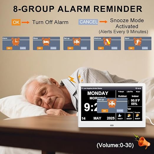 2025 New Digital Clock with Temperature/Humidity & Weather Forecast, Auto Time Sync Large Display, Custom Alarms & Medication Reminders, Ideal for Elderly (White, 10.1inch)