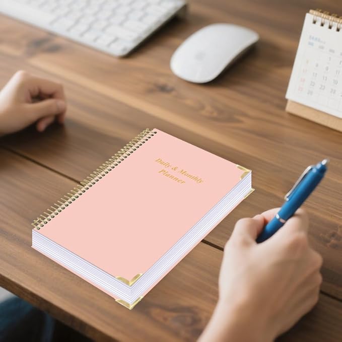 Undated Daily Monthly Planner for 2025 2026 - A5 To Do List with Hourly Schedule, Hardcover Spiral Bound Daily Planner to Increase Focus, Stylish School/Office Supplies, 5.8" x 8.5", Pink
