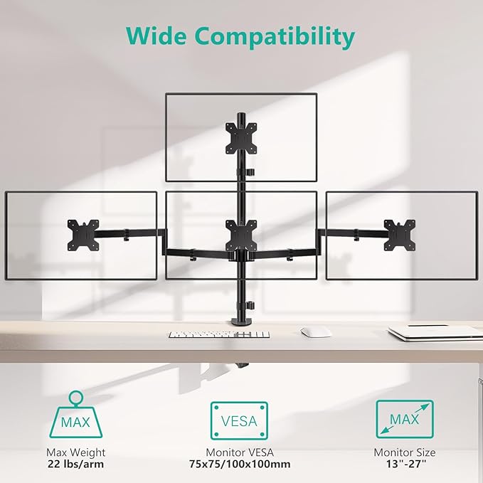 WALI Quad Monitor Mount for 13-27 Inch Screens, Fully Adjustable 4 Monitor Stand with Swivel, Tilt, Rotation, Clamp & Grommet Base Kit, Max Load 22lbs per Screen (M004S), Black